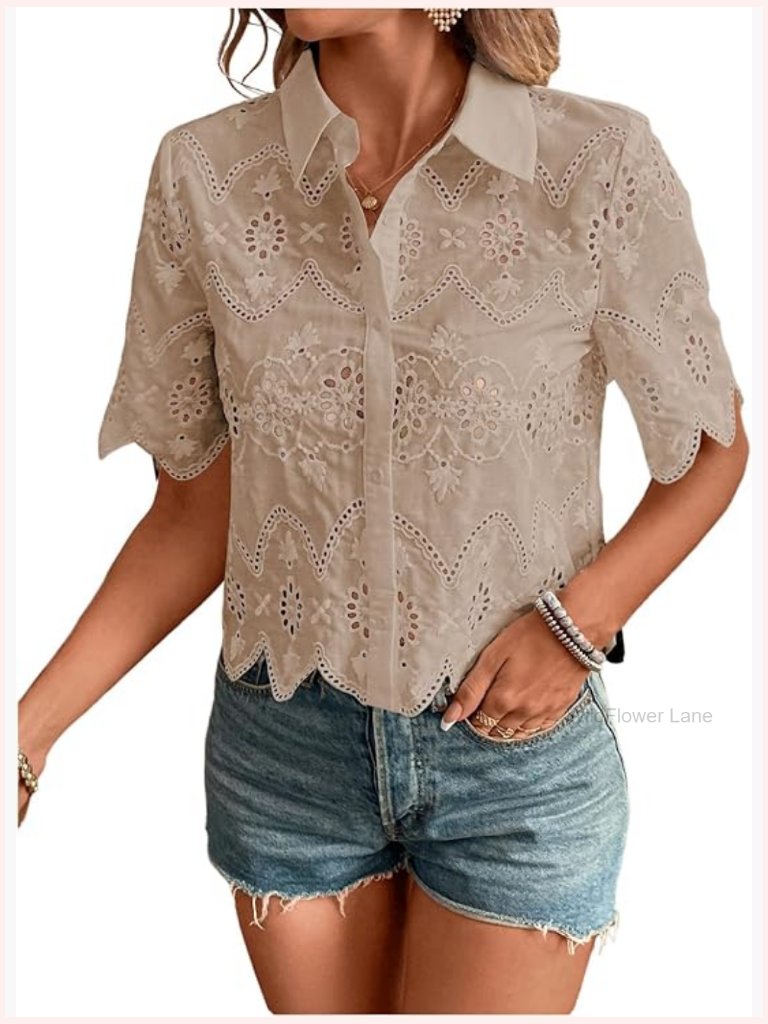 Short Sleeve Button Down Blouse Crop Top Eyelet Embroidery